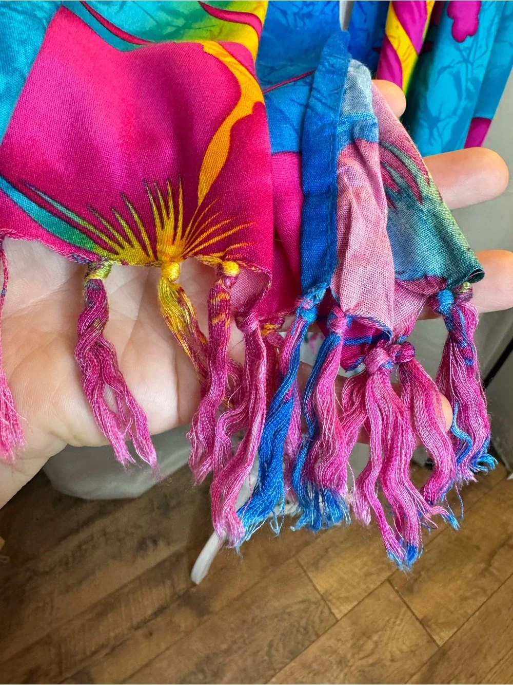 Vibrant Tropical Floral Tassel Scarf Wrap Cruise Wear Blue Pink Yellow 70x22